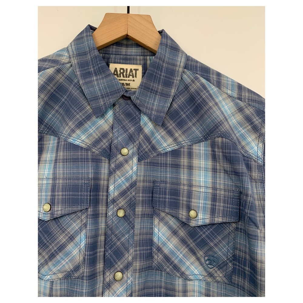 Ariat Shirt Mens Medium Blue Plaid Pearl Snap Retro‎ Western Cowboy Cotton NEW